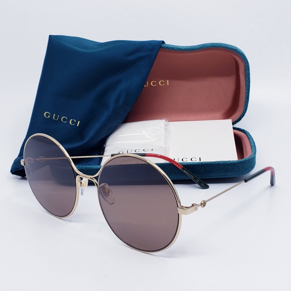 GUCCI GG Logo Gold/Brown Metal Round Sunglasses NEW AUTHENTIC